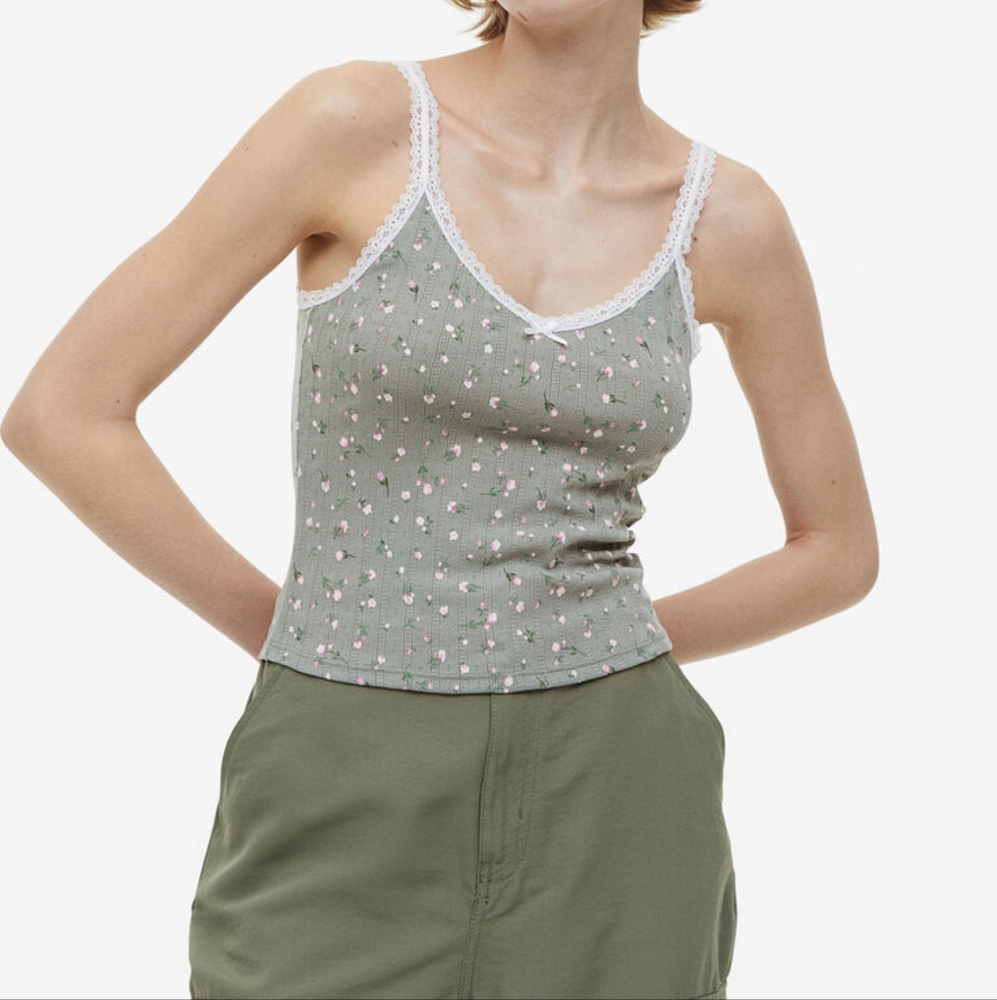 Floral sage green Lace Trim bow Women's cami tank Top size S h&m